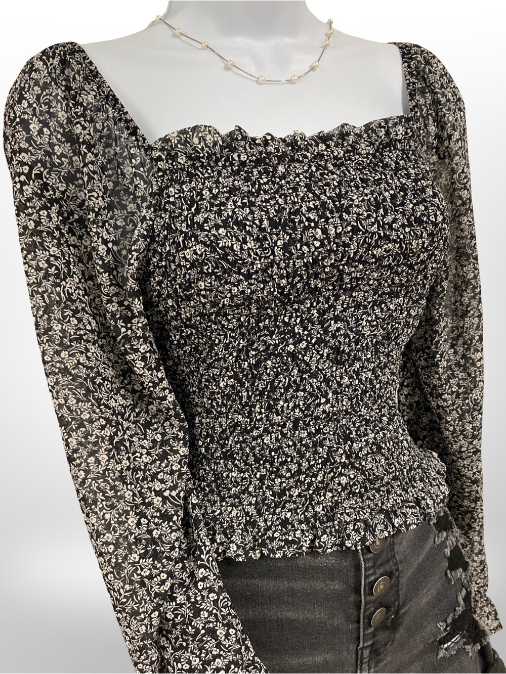Japna Black and White Smocked Floral Square-Neck Blouse, Size Large